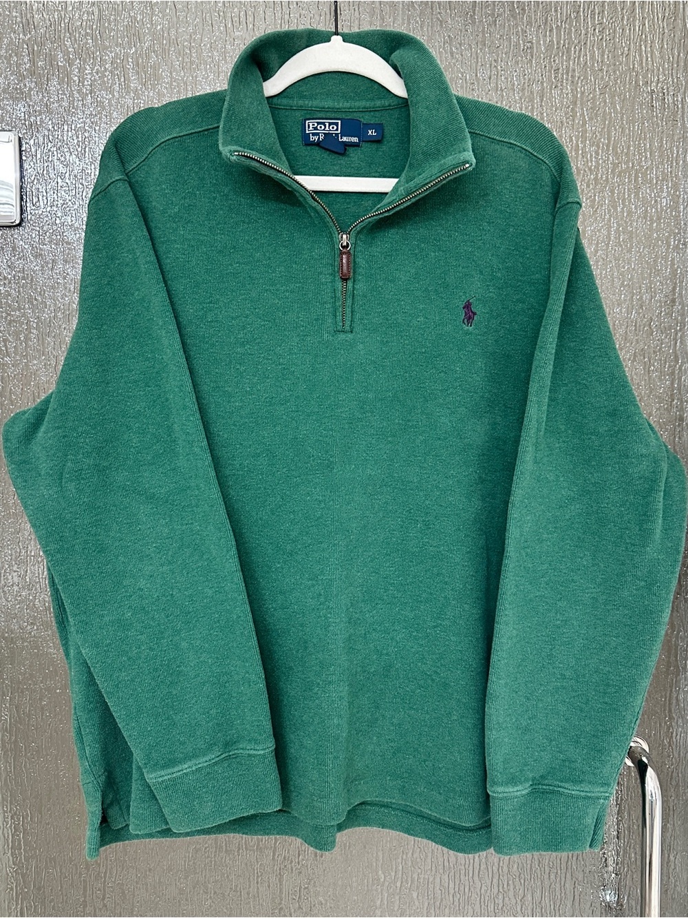 Ralph Lauren Men's Green Quarter-Zip Sweatshirt with Purple Pony Logo Size XL